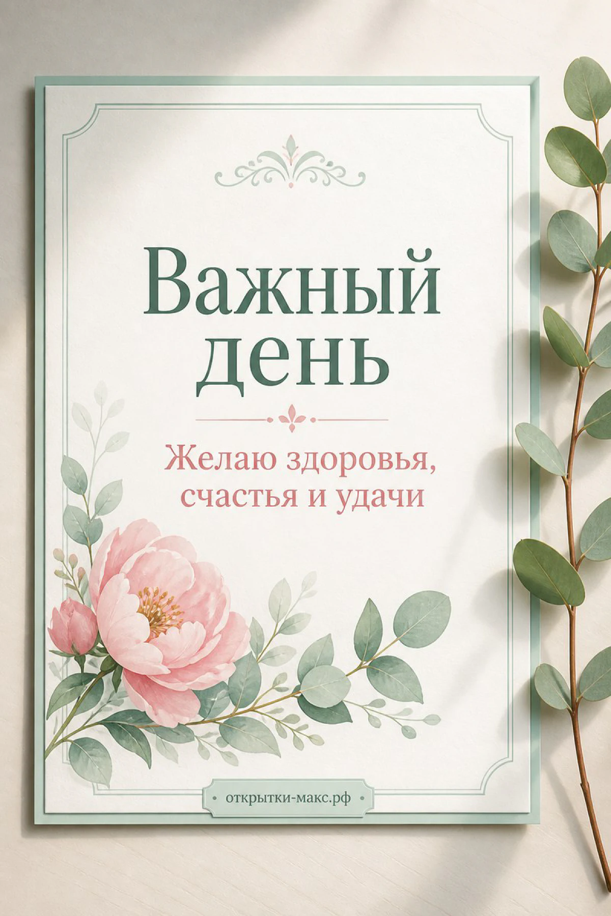 Белая открытка «Важный день» с розовым пионом и ветками эвкалипта на светлом фоне