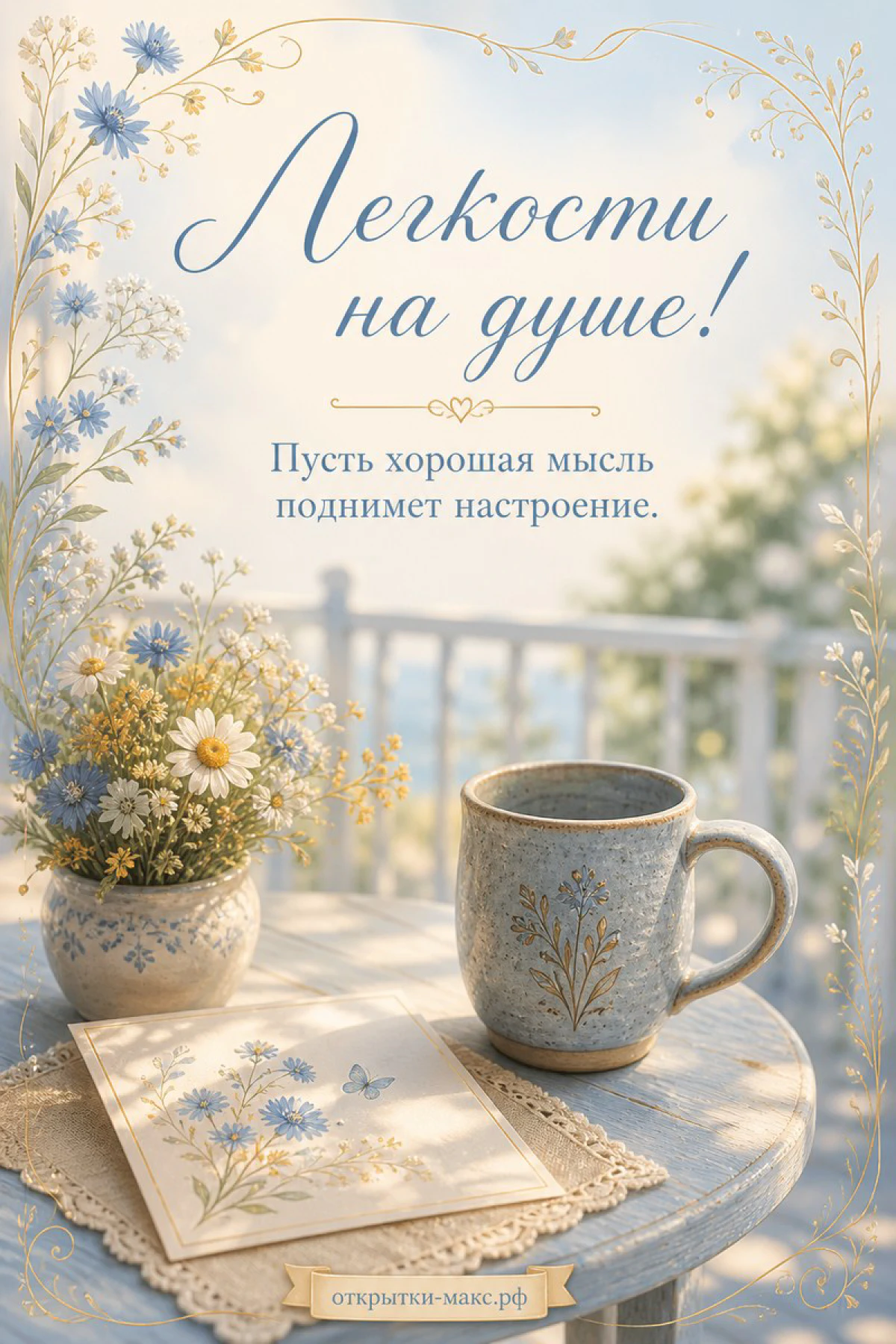 Кружка кофе и ваза с ромашками на столике летней веранды с видом на сад с надписью «Лёгкости на душе»
