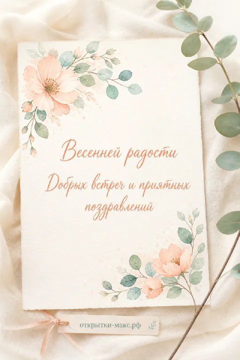 Акварельная открытка с персиковыми цветами и эвкалиптом с надписью «Весенней радости»