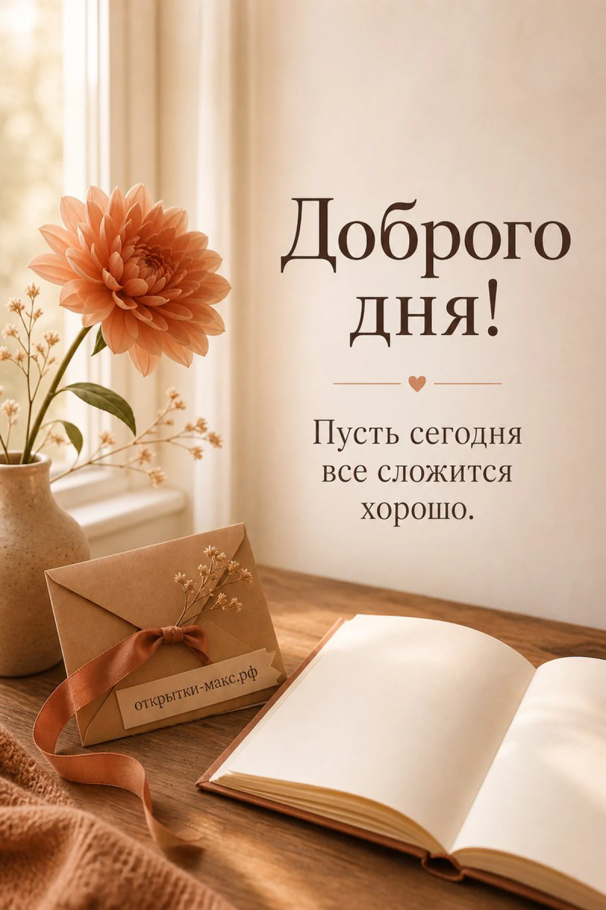 Ветка сирени у открытого окна и светлая открытка