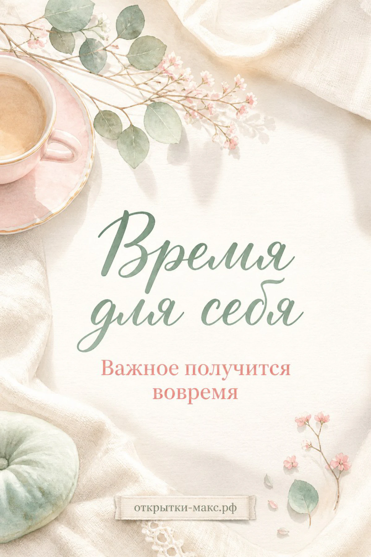 Розовая чашка чая на блюдце с пледом и нежными цветочными веточками с надписью «Время для себя»
