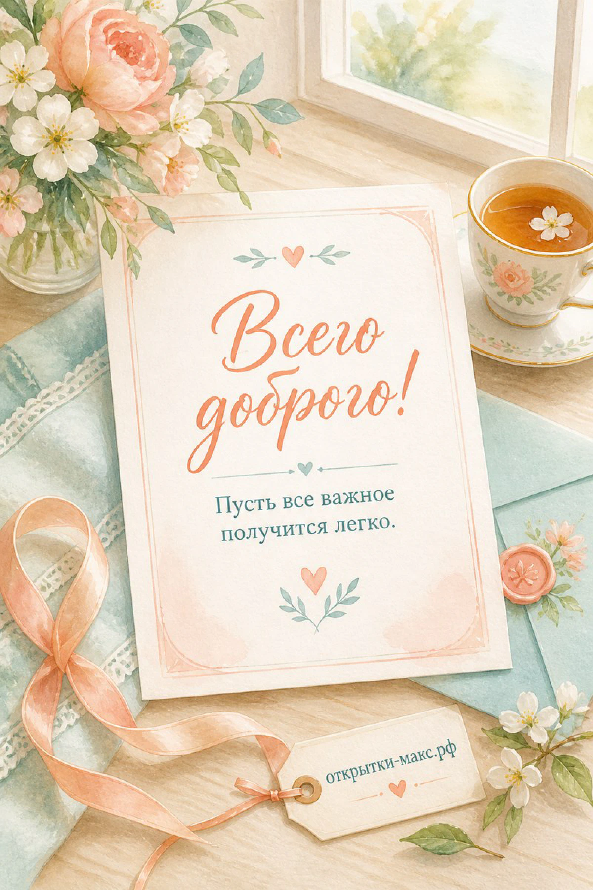 Открытка с акварельными розами, голубым конвертом и чашкой чая у светлого окна