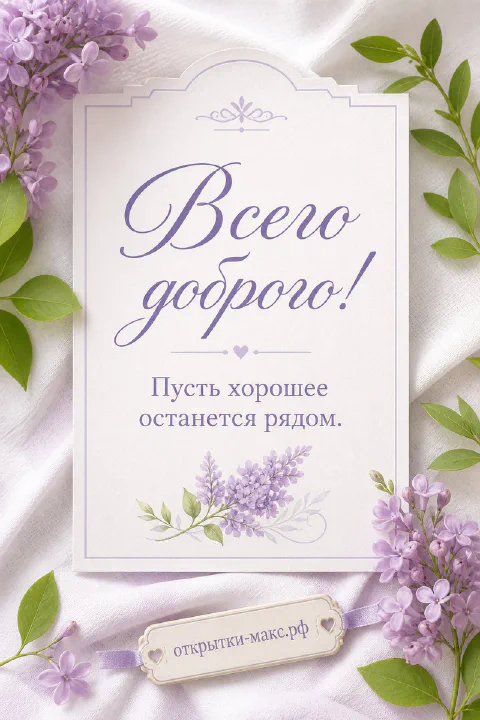 Открытка «Всего доброго» с лиловыми веточками сирени на белом шёлке