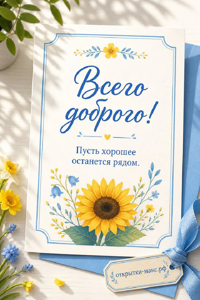Открытка «Всего доброго» с лиловыми веточками сирени на белом шёлке — вариант 3