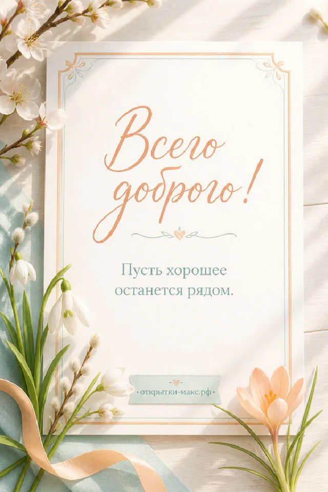 Открытка «Всего доброго» с лиловыми веточками сирени на белом шёлке — вариант 8