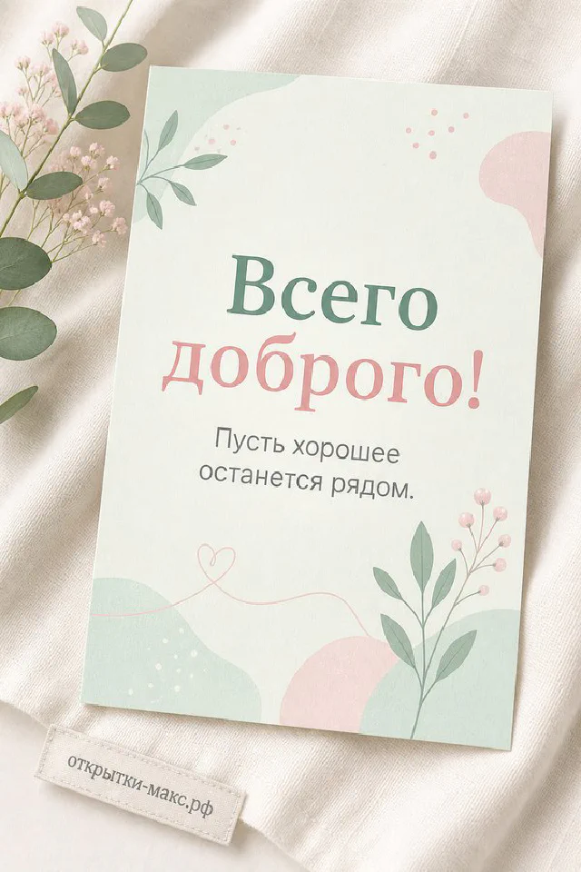 Открытка «Всего доброго» с лиловыми веточками сирени на белом шёлке — вариант 6