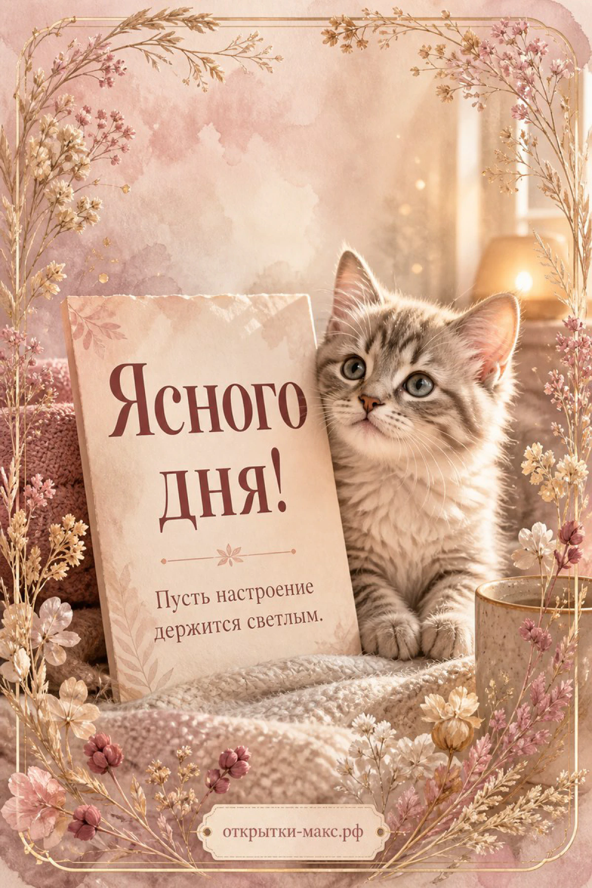 Серый пушистый котёнок рядом с табличкой «Ясного дня» и свечой среди розовых сухоцветов и ткани