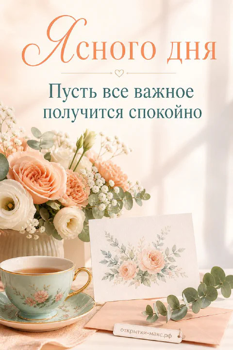 Букет персиковых роз и эустомы в вазе рядом с чашкой чая, конвертом и открыткой на розовом фоне