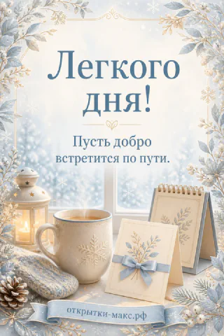 Зимняя открытка с фонарём, кружкой горячего кофе и снежинками с надписью «Лёгкого дня! Пусть добро встретится по пути»