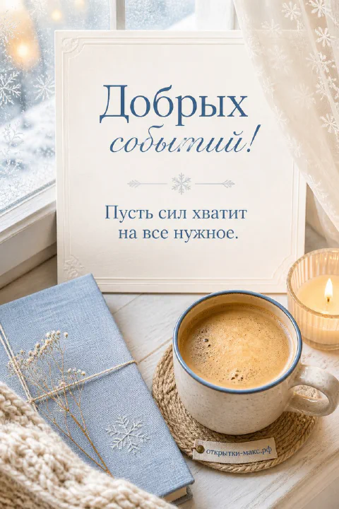 Кружка кофе и горящая свеча у заснеженного окна на фоне открытки с надписью «Добрых событий! Пусть сил хватит на все нужное»