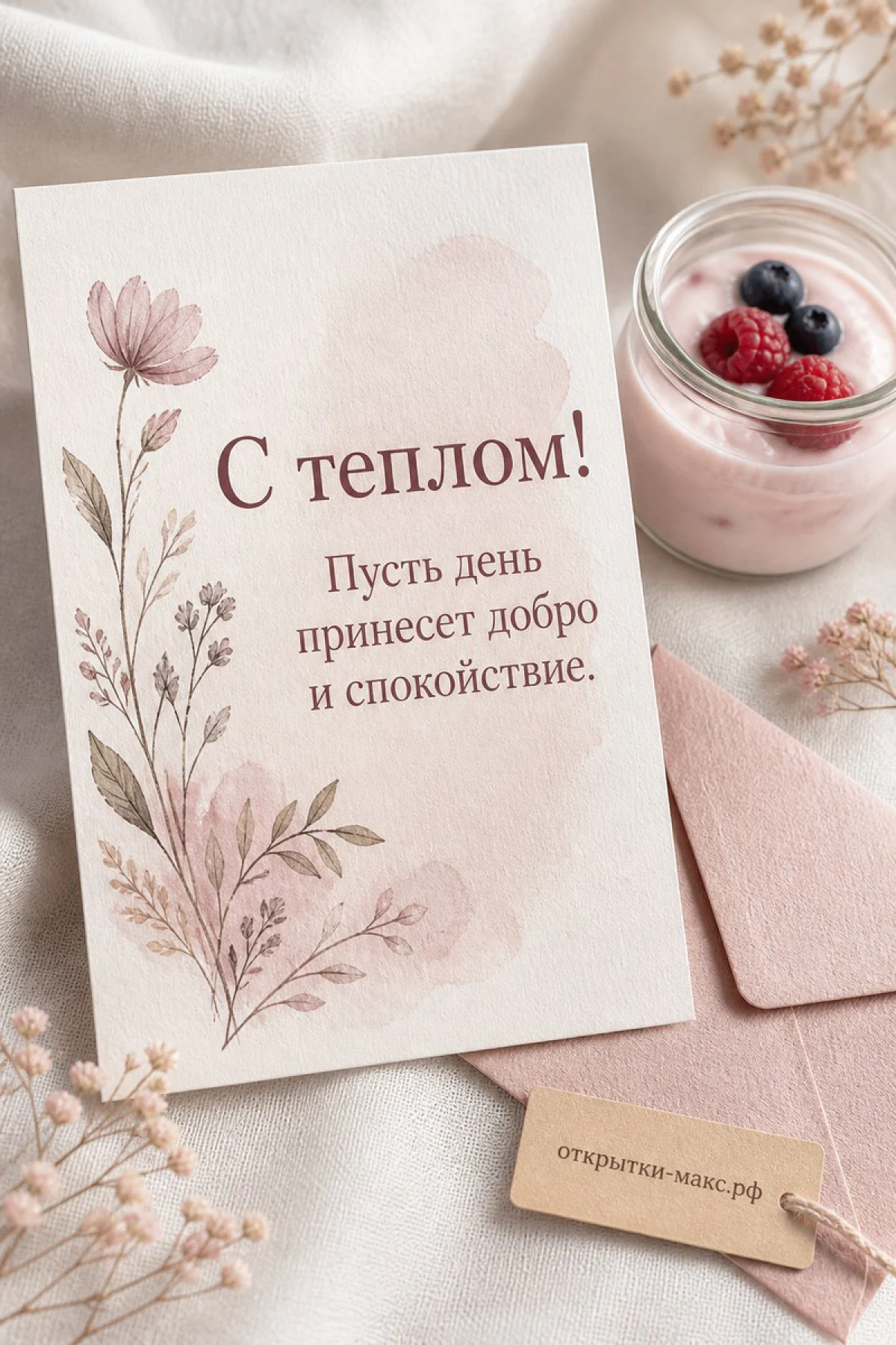 Акварельная открытка с полевыми цветами и ягодами рядом на тканевом фоне с надписью «С теплом»