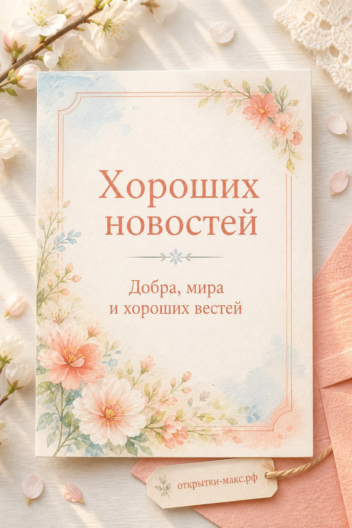 Акварельная открытка с нежными розовыми цветами и персиковым конвертом на белом фоне