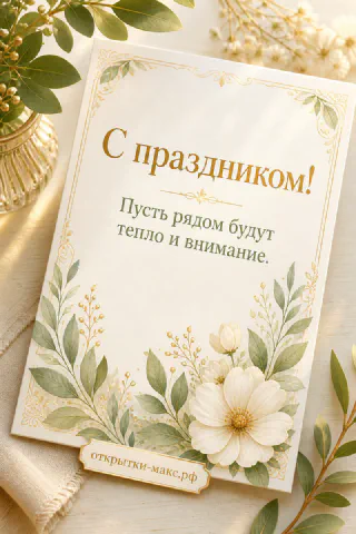 Открытка с праздником на светлом фоне с белыми цветами, зелёными листьями и тонкой золотой рамкой