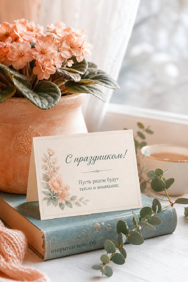 Открытка с праздником на светлом фоне с белыми цветами, зелёными листьями и тонкой золотой рамкой — вариант 5