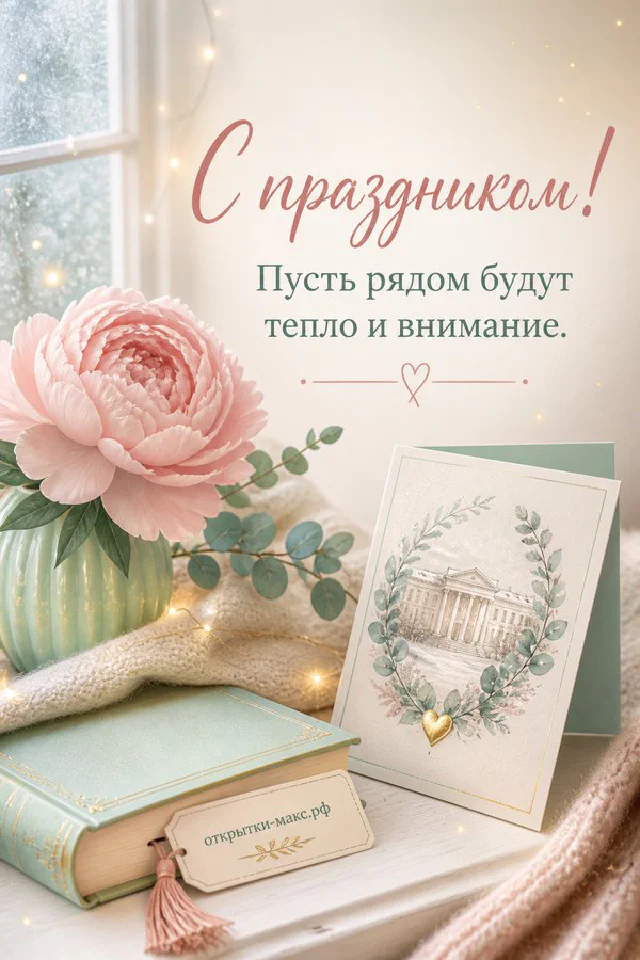 Открытка с праздником на светлом фоне с белыми цветами, зелёными листьями и тонкой золотой рамкой — вариант 6