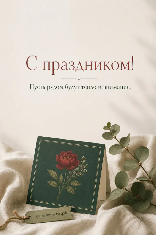 Открытка с праздником на светлом фоне с белыми цветами, зелёными листьями и тонкой золотой рамкой — вариант 7