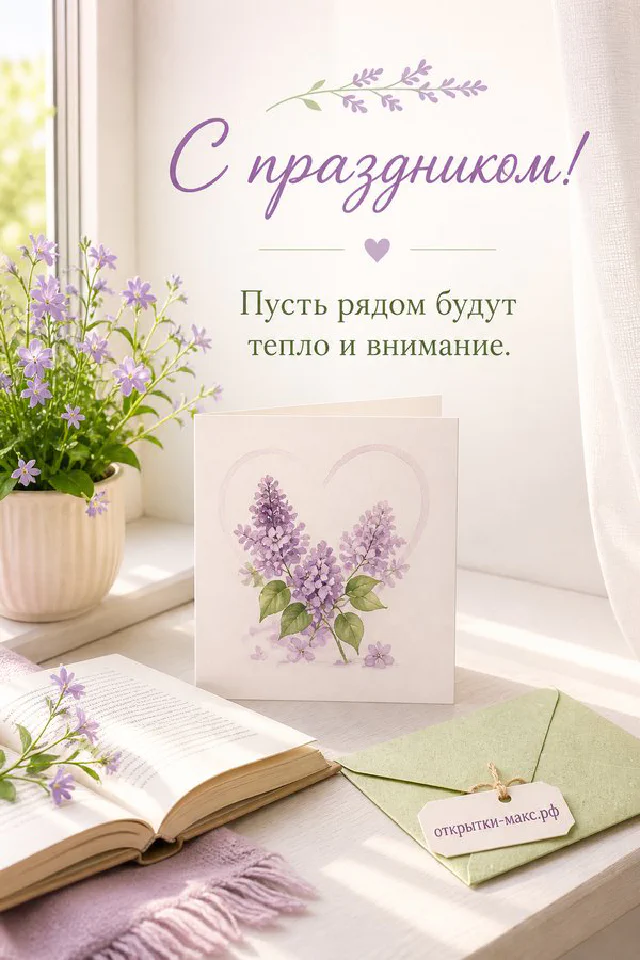 Открытка с праздником на светлом фоне с белыми цветами, зелёными листьями и тонкой золотой рамкой — вариант 2