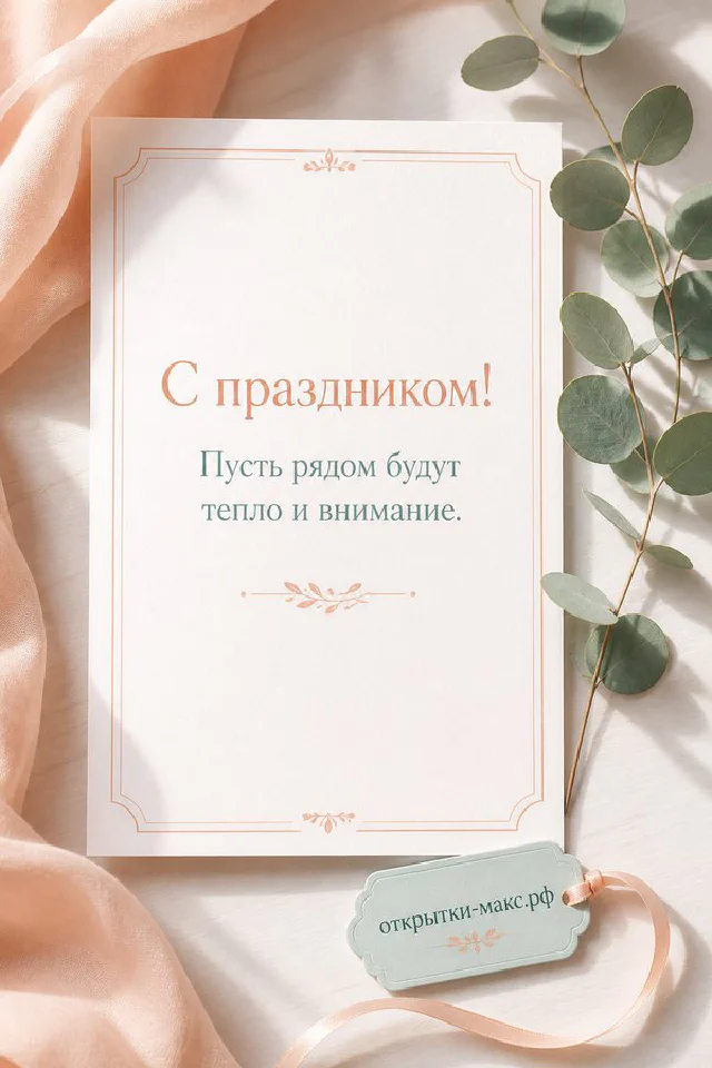 Открытка с праздником на светлом фоне с белыми цветами, зелёными листьями и тонкой золотой рамкой — вариант 3