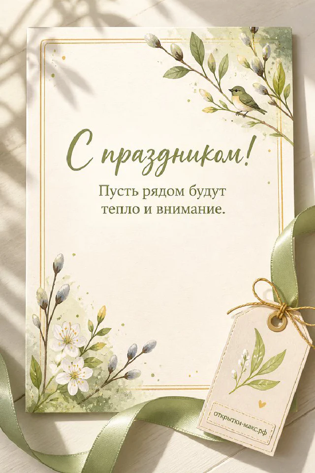 Открытка с праздником на светлом фоне с белыми цветами, зелёными листьями и тонкой золотой рамкой — вариант 4