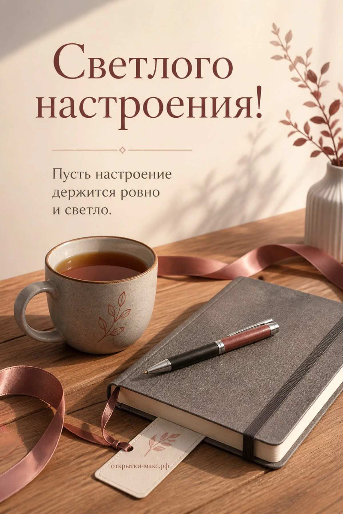 Кружка с растительным орнаментом, серый блокнот с ручкой и ваза с сухоцветами на деревянном столе, надпись «Светлого настроения»