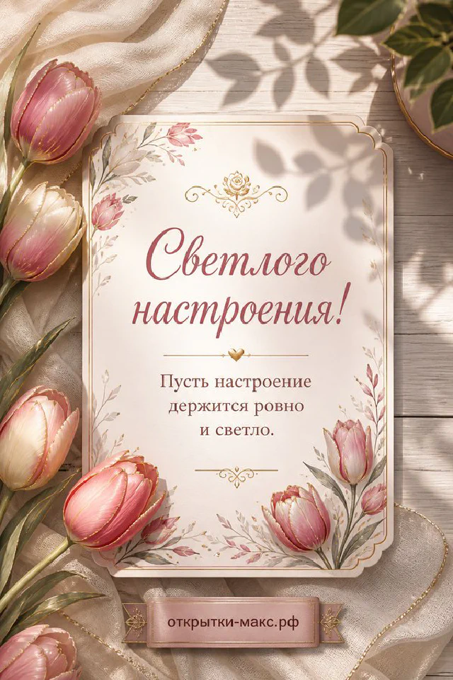 Кружка с растительным орнаментом, серый блокнот с ручкой и ваза с сухоцветами на деревянном столе, надпись «Светлого настроения» — вариант 2