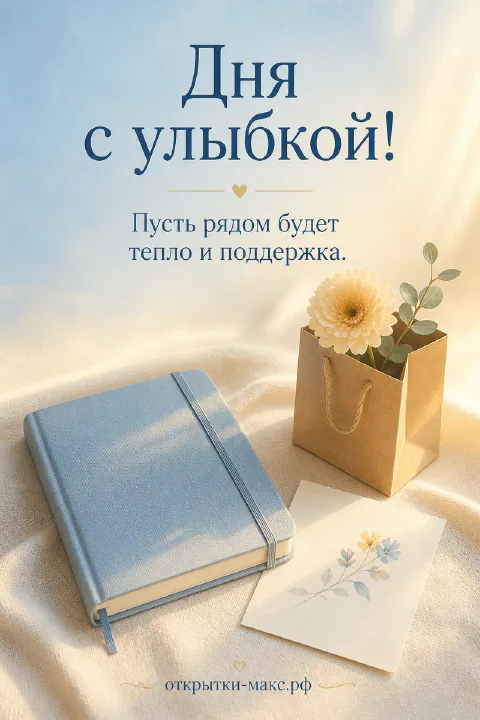 Голубой блокнот, крафтовый пакет с цветком и открытка на светлой ткани