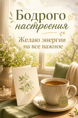 Чашка чая с ромашковым пакетиком на зелёном подносе у окна с белыми цветами и открыткой с листиком