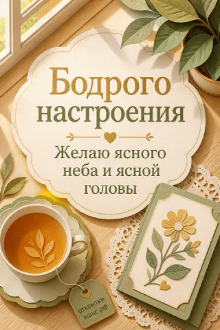 Чашка чая с ярлычком и цветочная карточка с ромашкой на деревянном столе в зелёных тонах