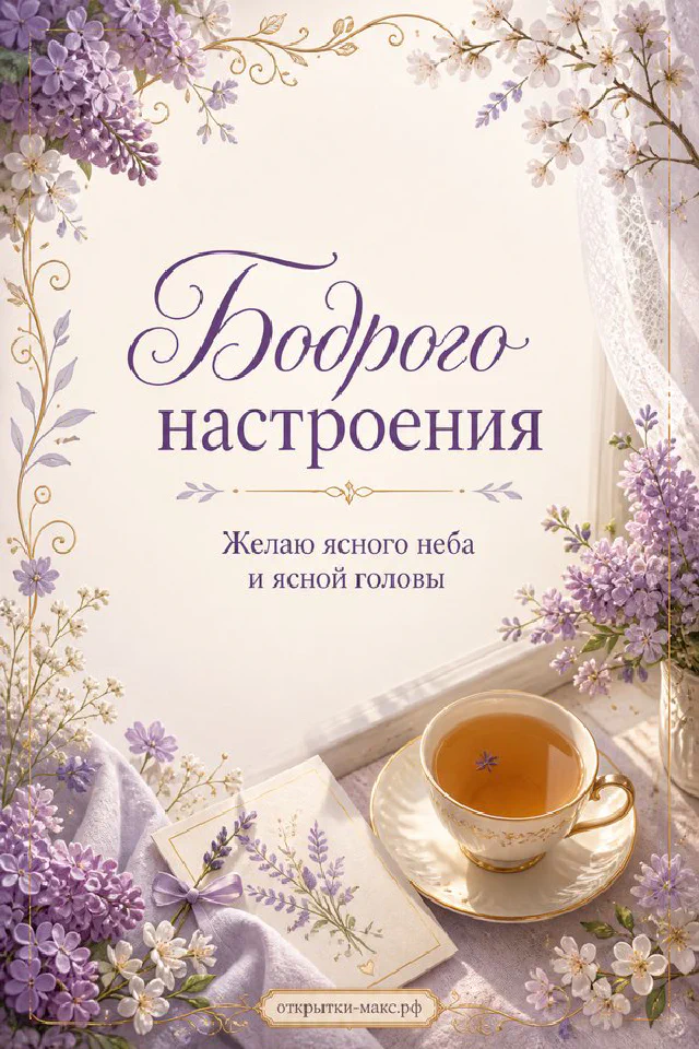 Чашка чая с ярлычком и цветочная карточка с ромашкой на деревянном столе в зелёных тонах — вариант 2