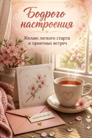 Чашка чая с сердечком и конверт с цветами у солнечного окна с сакурой, открытка бодрого настроения