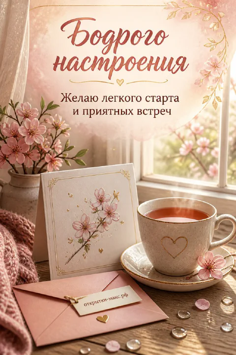 Чашка чая с сердечком и конверт с цветами у солнечного окна с сакурой, открытка бодрого настроения
