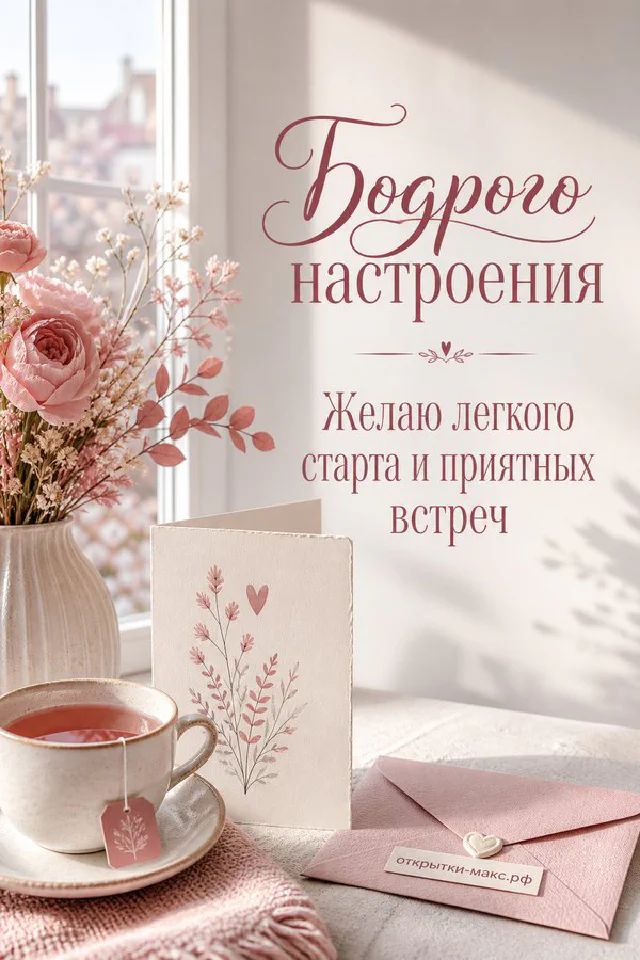 Чашка чая с сердечком и конверт с цветами у солнечного окна с сакурой, открытка бодрого настроения — вариант 2