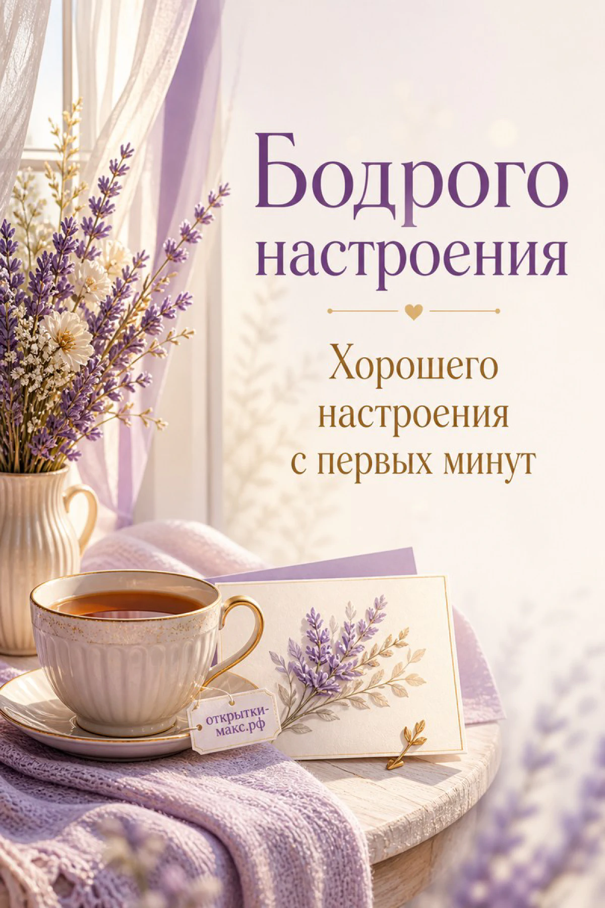 Чашка чая с лавандовым рисунком рядом с конвертом и букетом лаванды у окна в лиловых тонах