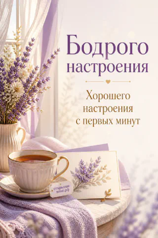 Чашка чая с лавандовым рисунком рядом с конвертом и букетом лаванды у окна в лиловых тонах