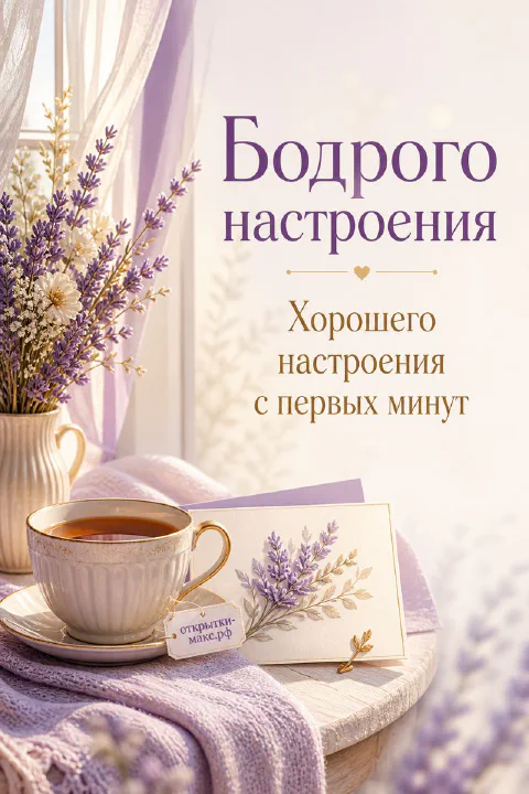 Чашка чая с лавандовым рисунком рядом с конвертом и букетом лаванды у окна в лиловых тонах