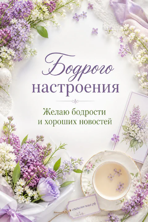 Пышный букет сирени белой и фиолетовой с чашкой чая на белом фоне, открытка бодрого настроения