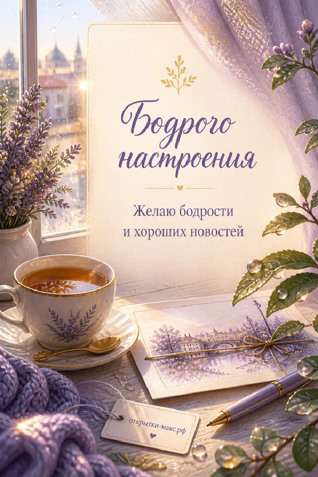 Пышный букет сирени белой и фиолетовой с чашкой чая на белом фоне, открытка бодрого настроения — вариант 2