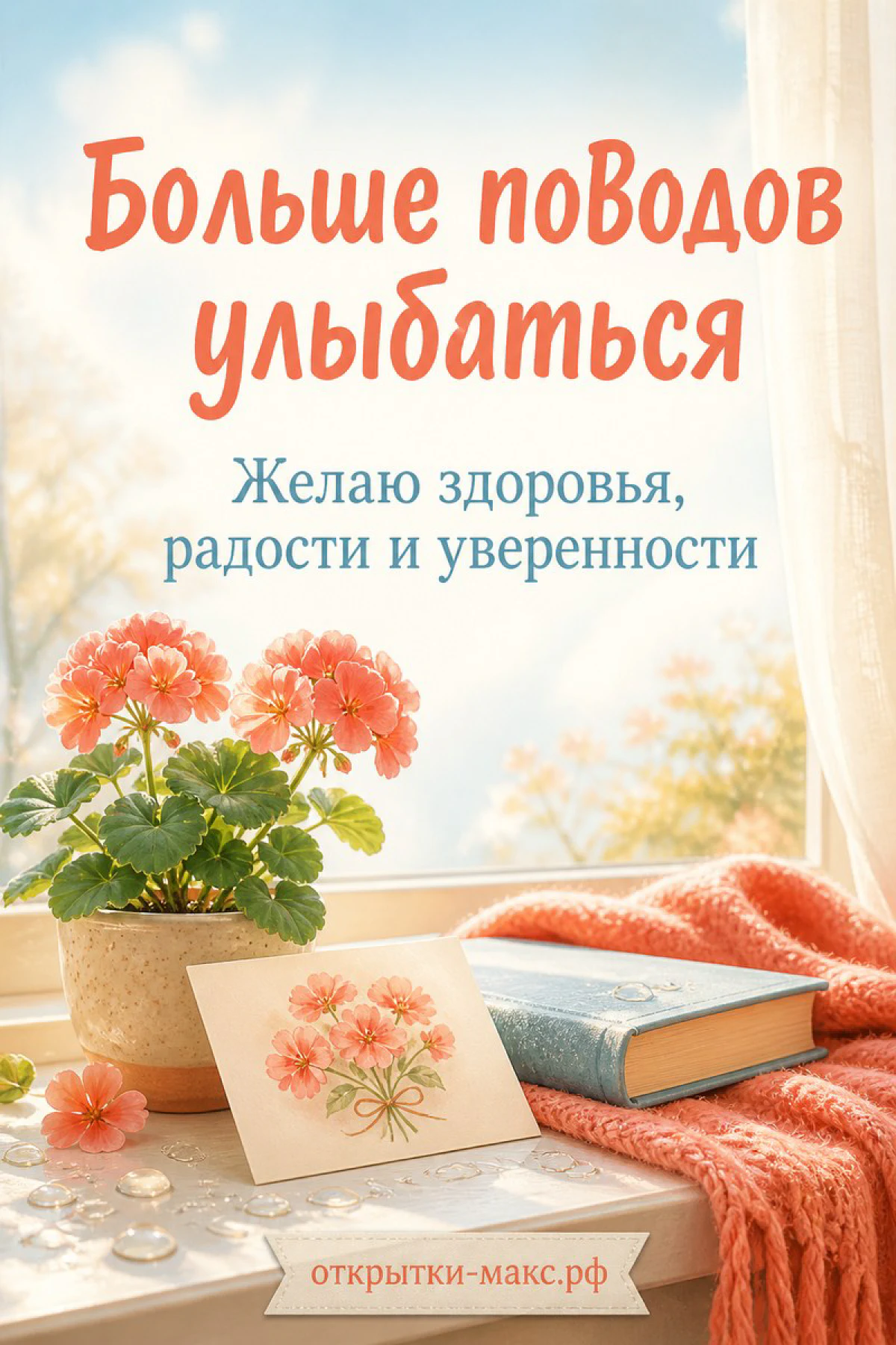 Горшок с розовой геранью на подоконнике рядом с книгой, открыткой и вязаным пледом у светлого окна