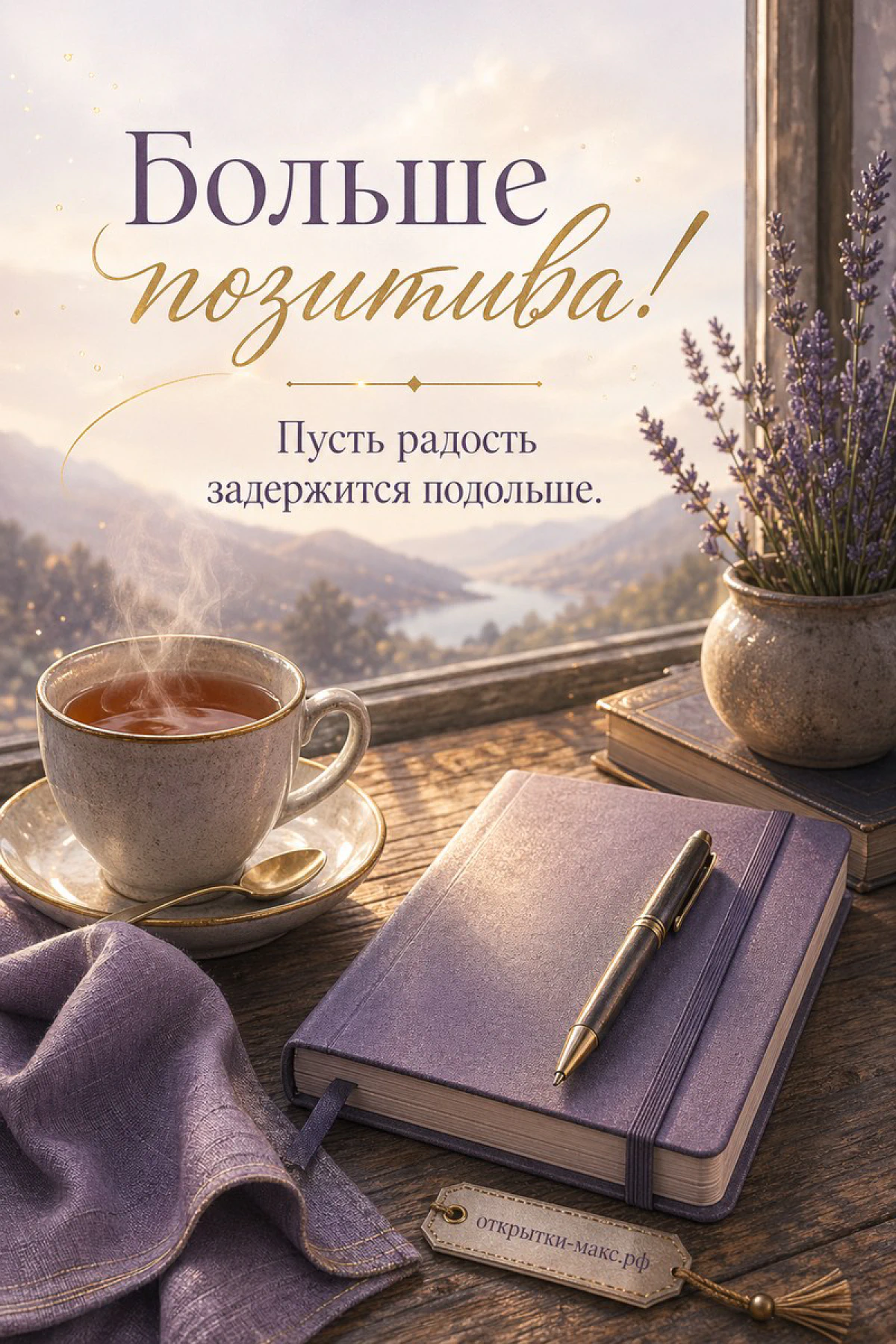 Чашка горячего чая с ложкой и дневник с ручкой на деревянном столе у окна с видом на горное озеро и лаванду