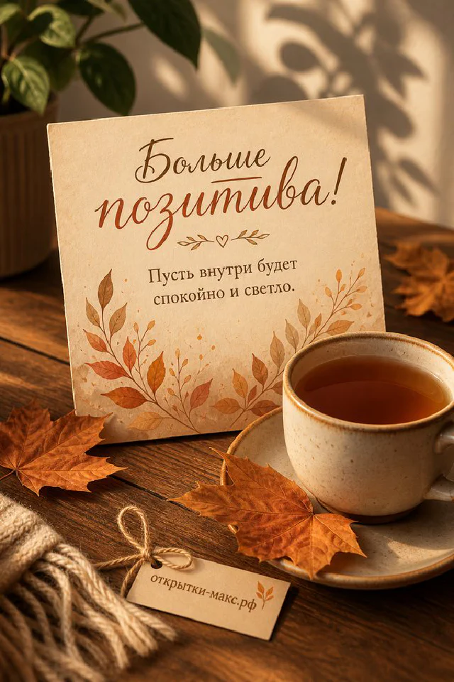 Открытка «Больше позитива!» с еловой веткой со снегом, шишкой и вязаным пледом с гирляндой на светлом фоне — вариант 2