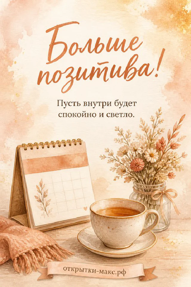 Открытка «Больше позитива!» с еловой веткой со снегом, шишкой и вязаным пледом с гирляндой на светлом фоне — вариант 4