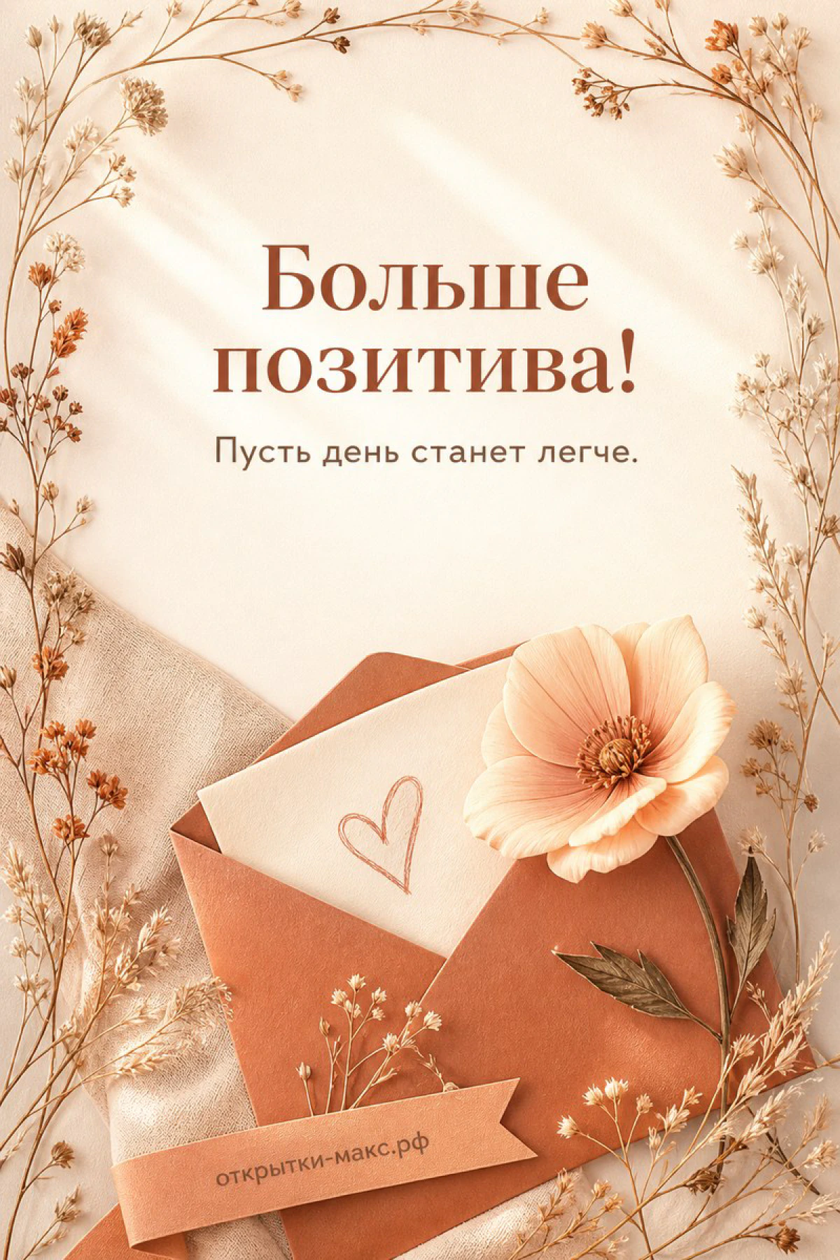 Терракотовый конверт с белым сердечком и бежевым цветком на фоне сухих веток на светлом фоне