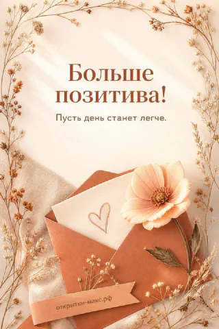 Терракотовый конверт с белым сердечком и бежевым цветком на фоне сухих веток на светлом фоне