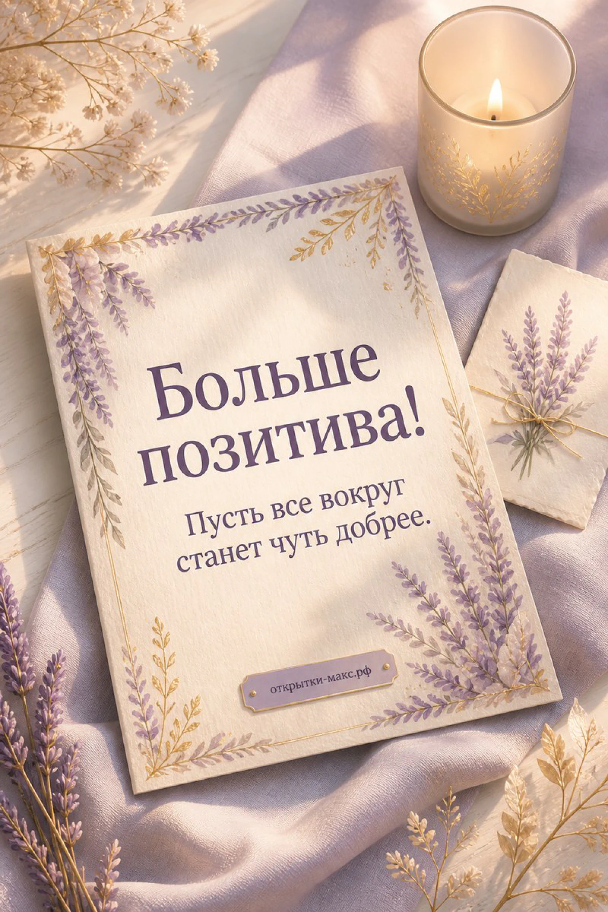 Открытка «Больше позитива!» с лавандовым орнаментом на льняном фоне, рядом горящая свеча и веточки лаванды
