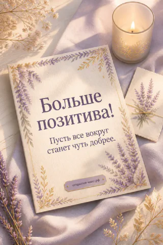 Открытка «Больше позитива!» с лавандовым орнаментом на льняном фоне, рядом горящая свеча и веточки лаванды