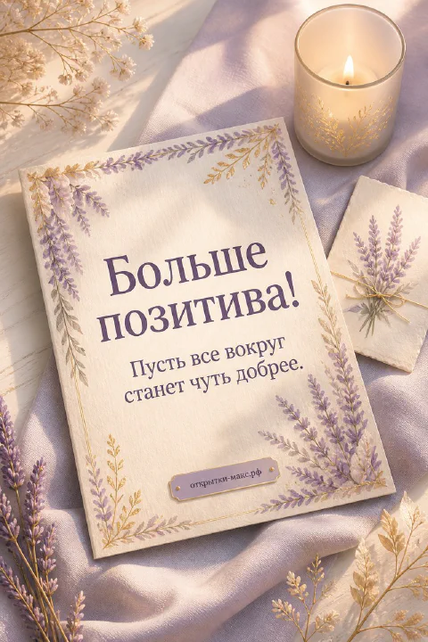 Открытка «Больше позитива!» с лавандовым орнаментом на льняном фоне, рядом горящая свеча и веточки лаванды