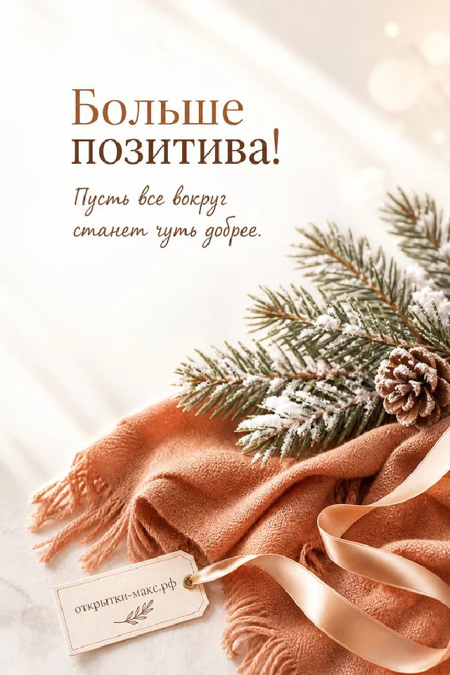 Открытка «Больше позитива!» с лавандовым орнаментом на льняном фоне, рядом горящая свеча и веточки лаванды — вариант 2