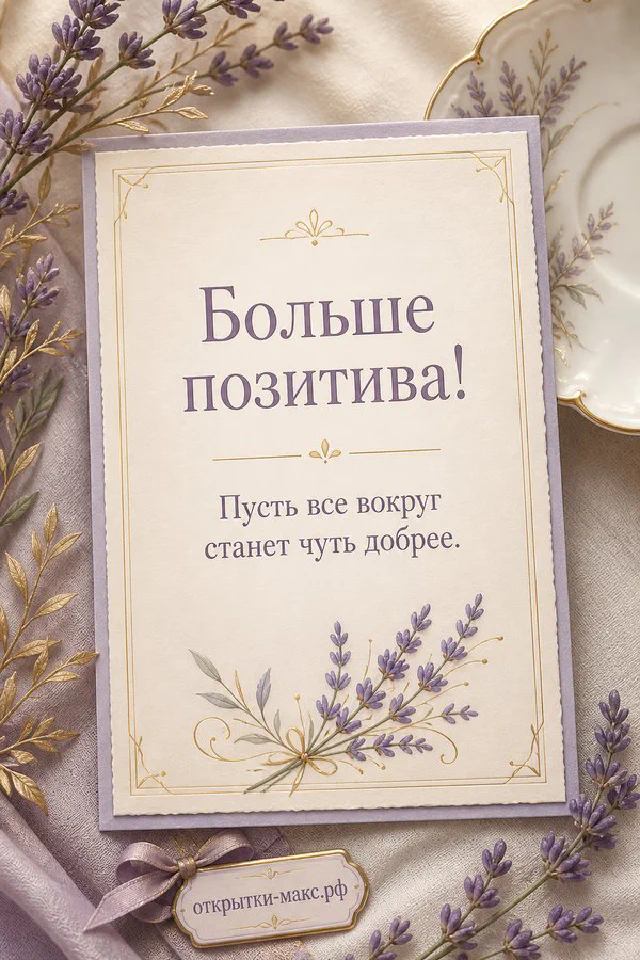 Открытка «Больше позитива!» с лавандовым орнаментом на льняном фоне, рядом горящая свеча и веточки лаванды — вариант 3