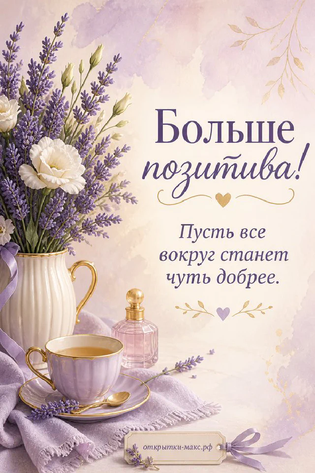 Открытка «Больше позитива!» с лавандовым орнаментом на льняном фоне, рядом горящая свеча и веточки лаванды — вариант 4