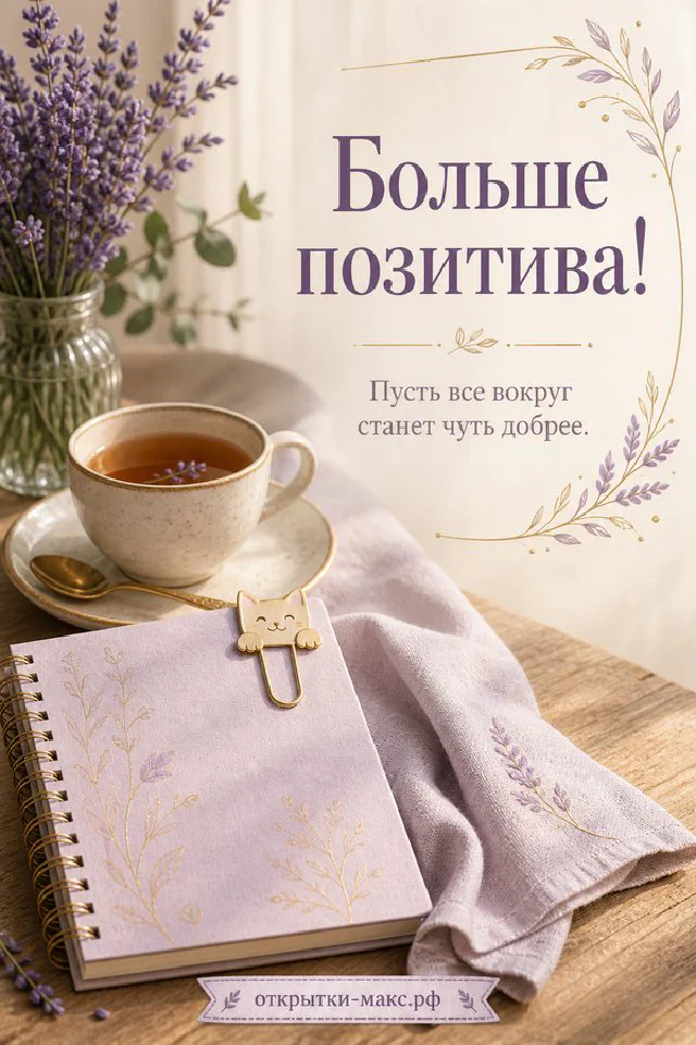 Открытка «Больше позитива!» с лавандовым орнаментом на льняном фоне, рядом горящая свеча и веточки лаванды — вариант 5